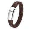 Bangle Men Brown/Black Leather Flätat rostfritt stål armband Magnetiskt lås Fashionabla armband Punk smycken män gåva storlek 18.5-24cm 240319