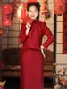 Vêtements ethniques Rouge Cheongsam Hiver Manches longues Synthétique Dentelle Année Vêtements Gilet Costume Robe