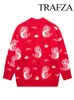Kvinnors stickor Trafza Kvinna Fashion Red Cartoon Sweater Cardigans Spring Female Chic V Neck Knitwear Långärmning Stickad Cardigan Coat