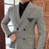 Men's Suits Shawl Collar Double-Breasted Houndstooth Color Matching Suit Jacket Leather Pocket Decorative