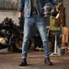 Herr jeans vintage skarvningsmaskin bil stil mode märke smal passform all-matchning kläder sträcka high-end punk tappar