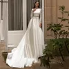 Modest Satin A Line Wedding Dresses For Bride Jewel Neck Appliqued Sash Boho Bridal Gowns Simple With Long Sleeves Sweep Train Muslim Elegant Robes de Mariee YD