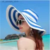 Cappelli a tesa larga Cappelli a secchiello Hot Womens Casual Str Hat Girl Outdoor Stripe Patch Work Paper Cappello da sole New Summer Adult Flip Big Brown Beach Hat Glasses Y240319