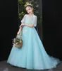 Sweet Baby Blue Tulle/Organza Sleeves Applique Pärlor Flower Girl Dress Girl's Pageant Dresses Party/Birthday Dresses Girl's Skirt Custom SZ 2-12 D319044