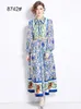 Niche Design Women's Vintage Printed Maxi Dress With Belt Elegant Cardigan Single Breasted Dress Hem Lining Long Sleeve Vestido