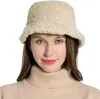 Berets Fashion Cashmere Bucket Hat 7colors Winter Lamb Wool Lady Fisherman Hats Wide Brim Flat Top Cold-proof Windproof Cap Solid Color