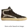 Modedesigner casual skor hög topp glidstjärna sneakers vintage finish kalvskinn mocka övre handgjorda Italien varumärke plattform silver glitter platt sporttränare