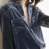 Office Lady Solid Color Polo-Neck-knapp Blus Autumn Winter Korean All-Match Pockets Spliced ​​Golden Velvet Chic Shirt Women 240308