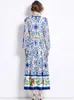 Niche Design Women's Vintage Printed Maxi Dress With Belt Elegant Cardigan Single Breasted Dress Hem Lining Long Sleeve Vestido