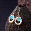 Boucles d'oreilles pendantes en fil de cuivre, couleur or, faites à la main, perle d'eau douce naturelle, pendentif géométrique, crochet pour femmes, accessoires de bijoux