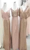 Dusty Rose Sequined Bridesmaid Dresses V Neck Chiffon Long Straps Pleated Open Back Prom Wedding Party Dress Evening Gowns Plus7483323