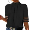 Damesblouses Zwarte damestrui Tops Hoge kraag Mesh stiksels Halve mouw Geplooid Losvallend Casual kantoordameblouse