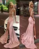 Suknia wieczorna Blowly Pink Sequin Mermaid 2021 Zobacz przez górną koronkową otwartą back afrykańskie sukienki na bal