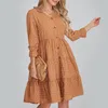 Robes décontractées Mode féminine Robe trapèze Swiss Dot Manches longues Col en V Bouton avant Taille haute Longueur au genou