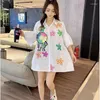 Women's Blouses Fashion Design Sequins Flower Black White Fushcia Long Shirt Embroidery Cartoon Doll Blouse Half Sleeve Loose Oversize Top