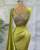 Arabic Lemon Green Satin Mermaid Evening Prom Dresses Mesh Top Sequin Beads Ruched Formal Ocn Wear Gold Hunter Sheer Neck Sweep Train Robe De Soriee Bc9574