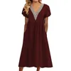 Casual Dresses Ladies V Neck Lace Pocket Short Sleeve Loose Elegant Dress Aline Summer Qutfits Female Vestidos