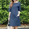 Casual Kleider Frauen Kleid Vintage Retro Für Oansatz Halbe Hülse Mini Mit Taschen Lose Fit Einfarbig Baumwolle Leinen