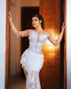 2024 White Prom Dresses Mermaid for Black Women Illusion Evening Dresses Elegant Sheer Neck Long Sleeves Sexy Side Split Gala Gowns Beaded Lace Birthday Dress NL627