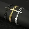 Link pulseiras vintage de aço inoxidável anka cruz hip hop masculino dupla fileira tecido desejando amuleto pulseira amizade festa jóias
