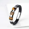 Bangle New Vintage Rectangle Style Jewelry 100% Natural Tiger Eye 4 Round Stainless Steel Leather Link Charm Fashion Men Bracelet 240319