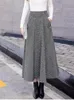 Casual Jurken Hoge Taille Vintage Houndstooth Plaid Warme Wollen Lange Rok Voor Vrouwen 2024 Elegante Grote Schommel A-lijn Saias Longas Vrouwelijke