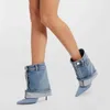 Non-marque Sexy femmes mi HBP mollet botte bout pointu élégant femme chaussures Denim Cowgirl nouvelles bottes pour dames