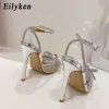 Pumpar Eilyeken PVC Transparent Silver Crystal Women Pumpar Fashion Ankle Strap Bridal Thin High Heels Spring Autumn Wedding Party Shoes