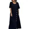Casual Dresses Women Solid Color Dress Long Soft Breathable Maxi With O Neck Button Decor Ankle Length Split Women's