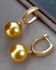 Stud Earrings Gorgeous 10-11mm South China Sea Round Gold Pearl Pendant 925s