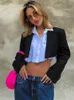 Croped Blazer Women Långärmficka Kortjacka Kvinnlig Solid Loose Ejressed Streetwear Chic hackat krage outwear toppar 240311