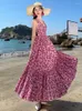 Casual Kleider Frauen Süße Rosa Blumen V-ausschnitt Hohe Taille Rückenfreies Langes Kleid 2024 Sommer Boho Druck Ärmellose Plissee Urlaub weste