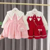 Sonbahar yürümeye başlayan çocuk kış bebek kız elbise çocuklar kırmızı noel yıl peluş sıcak elbise bebek giyim seti 1-4 yıl240311 için