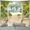 Tapestries European Landscape Tapestry Ocean Island Waterfall Seaside Town Nature Flowers Plants Garden Wall Hanging Home Living Room Decor