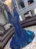 Sparkly Blue Mermaid Prom Dresses Sheer Neck Silver Tassel LongeeLeses Sequined aftonklänningar Billiga formella festklänningar 201920206401743