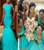 아프리카 인어 긴 신부 들러리 드레스 어깨 청록색 얇은 명주 그물 레이스 아플리크 플러스 크기의 하녀 신부 들러리 파티 3533169