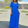 Casual Dresses Women Solid Color Dress Long Soft Breathable Maxi With O Neck Button Decor Ankle Length Split Women's