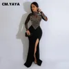 CM.YAYA Femmes Manches Longues Diamants Strass Haut Côté Fendu Sirène Midi Maxi Robe 2024 Même Sexy Robes De Soirée Robes 240319