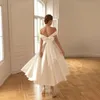 Adorable A-Line Wedding Dress Off The Shoulder Strapless Bow Satin Open Back Ankle Length Draped Simple Vestidos De Novia YD