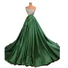 Elegant Dark Green A Line Evening Dresses Floor Length Satin Sequined High Front Split Evening Formal Party Second Reception Birthday Pageant Dress Prom Gowns