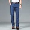 Herr jeans sommar tunna lyocell mode ljusblå klassisk hög midja lös drapera affärer raka byxor märke kläder