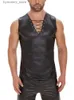 Men's Tank Tops S-7XL Sleeveless Faux PU Leather Tank Top Deep V-neck Bandage Vest Tanktop Tight Bodybuilding Hot Shapers Muscle Shirt Shapewear L240319