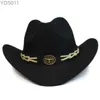 Breda brimhattar hink Retro Cow Cow Head Leather Belt Band Kvinnor /barn barn ull varm cowboy western hatt cowgirl cap (54-57-61cm 240319