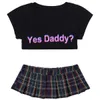 Womens Japanese Lingerie Parties Sexy School Girls Costumes Clubwear Yes Daddy? Letter Crop Tops with Mini Plaid Pleated Skirt 240311