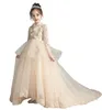 Belle Tulle Beige 3/4 Manches Longues Applique Perles Robe De Fille De Fleur Robes De Concours De Fille Robes De Fête / Anniversaire Jupe De Fille Personnalisée SZ 2-12 D319041