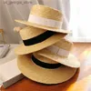 Wide Brim Hats Bucket Hats Summer Womens Natural Hard Wheat Slice Rowing Machine Fedora Flat Hat Womens Beach Brim Hat Raffia Sun Hat Womens Jazz Panama Y240319