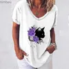 Dames T-shirt Mode Vrouw Blouses 2022 T-shirt Dames 3d Kattenprint Zwart Kaii V-hals T-shirt Vrouwelijke Kleding Oversized Zomer Tops TeesC24319