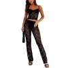 Calças femininas de duas peças Sheer Floral Lace 2 Outfits para Mulheres Sexy Bodycon Sem Mangas Camisole Crop Top e Pijama Lounge Set