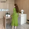French Fashion Green Sticke Midi Dress for Women Vneck Single Breasted Ruffles Slim Sweater Party Autumn Winter 2024 240312