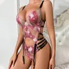 BHs Sets ECTOOKO 2024 Frühlingsmode Produkte Sexy Deep V Body Shaping Durchsichtige Blume bestickte Unterwäsche Strumpfband Zweiteiliges Set